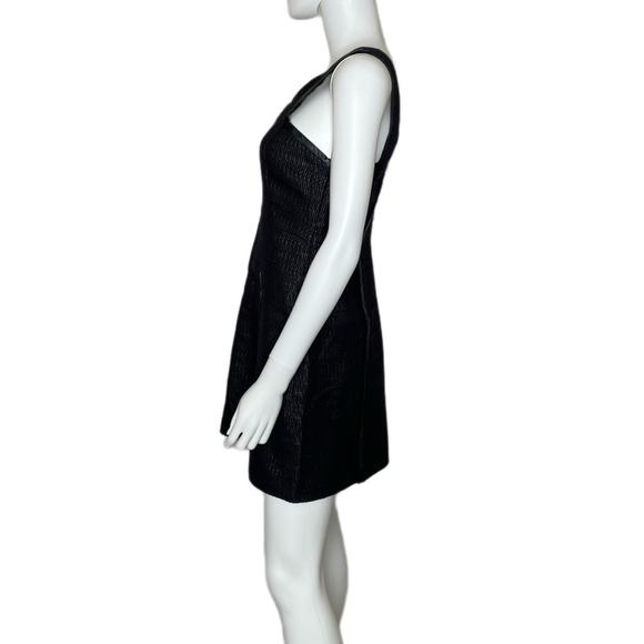 Tibi New York Women's Black Texture w/ Leather Trim V-Neck Sleeveless Dress sz 2 - Picture 2 of 4